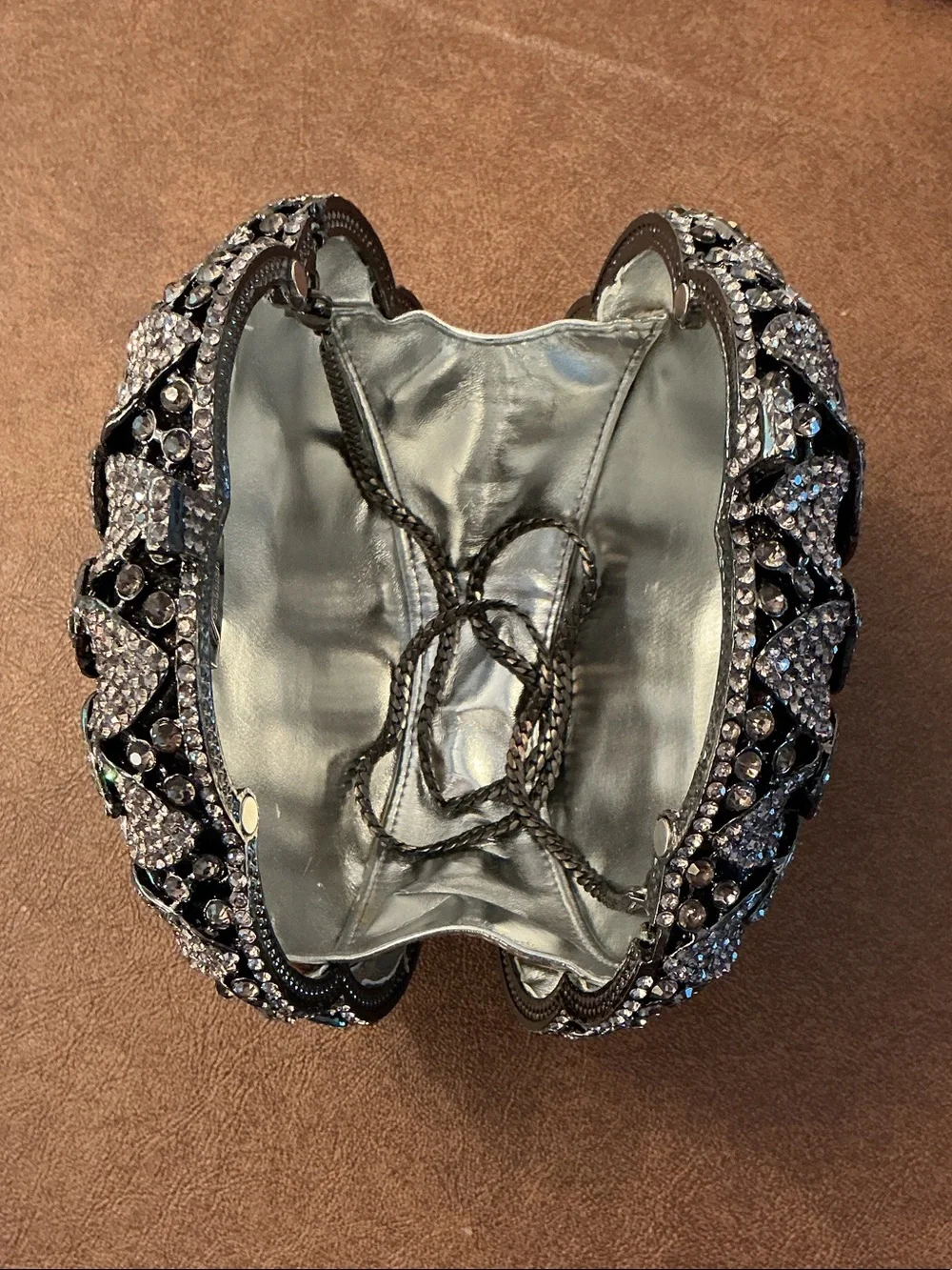 NWT Off Park Collection Designer Gun Metal Crystal Flower Evening Bag Clutch 6”